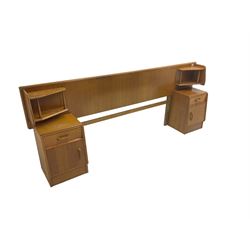 G-Plan - 'Brandon' oak headboard with open shelves to each side (W222cm H86cm), with two matching bedside cupboards, fitted with single drawer over cupboard (W37cm H53cm)