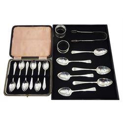 Set of six George IV silver teaspoons by William M Traies, London 1826, one other set by James Dixon & Sons Ltd, Sheffield 1942, pair of sugar tongs and two silver napkin rings, approx 7.4oz