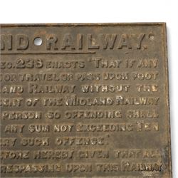 Late Victorian cast iron Midland Railway trespassing sign, dated June 1899, H51cm, W68cm