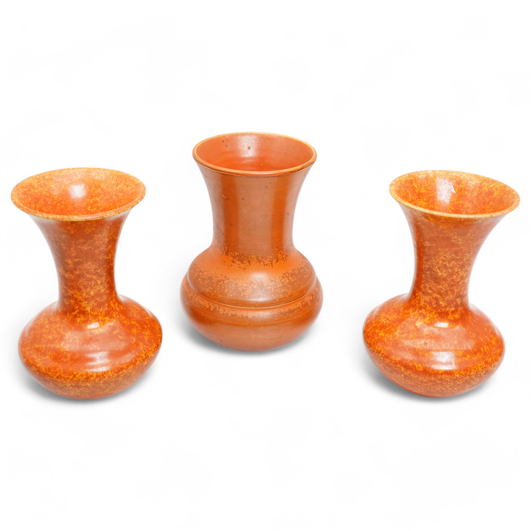 Collection of Pilkington Royal Lancastrian mottled orange vases, impressed marks to base, largest H17cm (3)