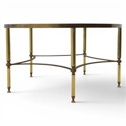 Regency style brass and glass circular table, smoked glass top mounted to a brass frame with fluted supports united by stretchers