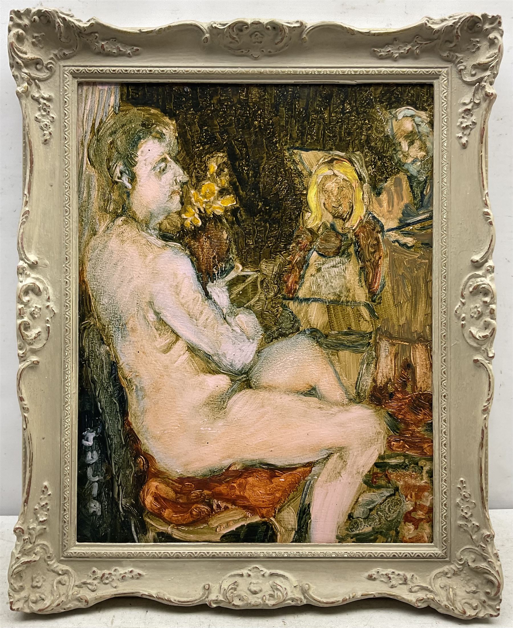 Raymond Arthur Roadnight (British 1941-): 'Julia', oil on board titled in the artist's hand 44cm x 34cm 
Provenance: the artist's studio collection. Born in High Wycombe, Roadnight spent three years training under Patrick Reyntiens and John Piper creating stained glass windows for Liverpool and Coventry cathedrals. These works included the great baptistry window in the New Coventry Cathedral, the 'Lantern' atop the Catholic Cathedral in Liverpool, and the grand windows in Oundle School Chapel. He has exhited at Royal Academy, Alfred East Gallery, Chichele College in Higham Ferriers, and Burleighfield House in Loudwater.