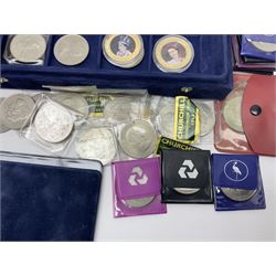 Mostly commemorative coins, including crowns, Queen Elizabeth II 2009 countdown to London 2012 five pound coin on card, 'The 2012 Diamond Jubilee' coin set in card folder, Cook Islands 2013 one dollar commemorating 'Coronation sixty years 1953 2013' etc