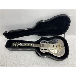 Ozark metal cased resonator guitar with all over chased foliate decoration to the polished finish and mother-of-pearl inlay to the fretboard L100cm; in Stagg hard carrying case