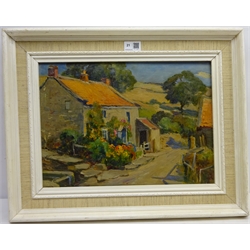  Owen Bowen (Staithes Group 1873-1967): North Yorkshire Cottage & Farm Buildings, pair oils on panel unsigned 30cm x 40cm (2)  DDS - Artist's resale rights may apply to this lot     