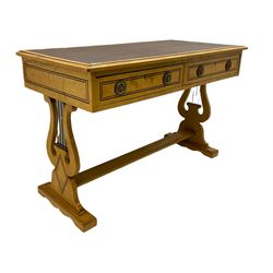 Late 19th century satin wood writing table, fitted with two frieze drawers, inset leather top, stretcher base