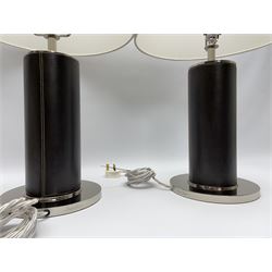 Ralph Lauren - pair 'Beckford' table lamps, cylindrical form in chocolate brown leather, polished metal base, with shades