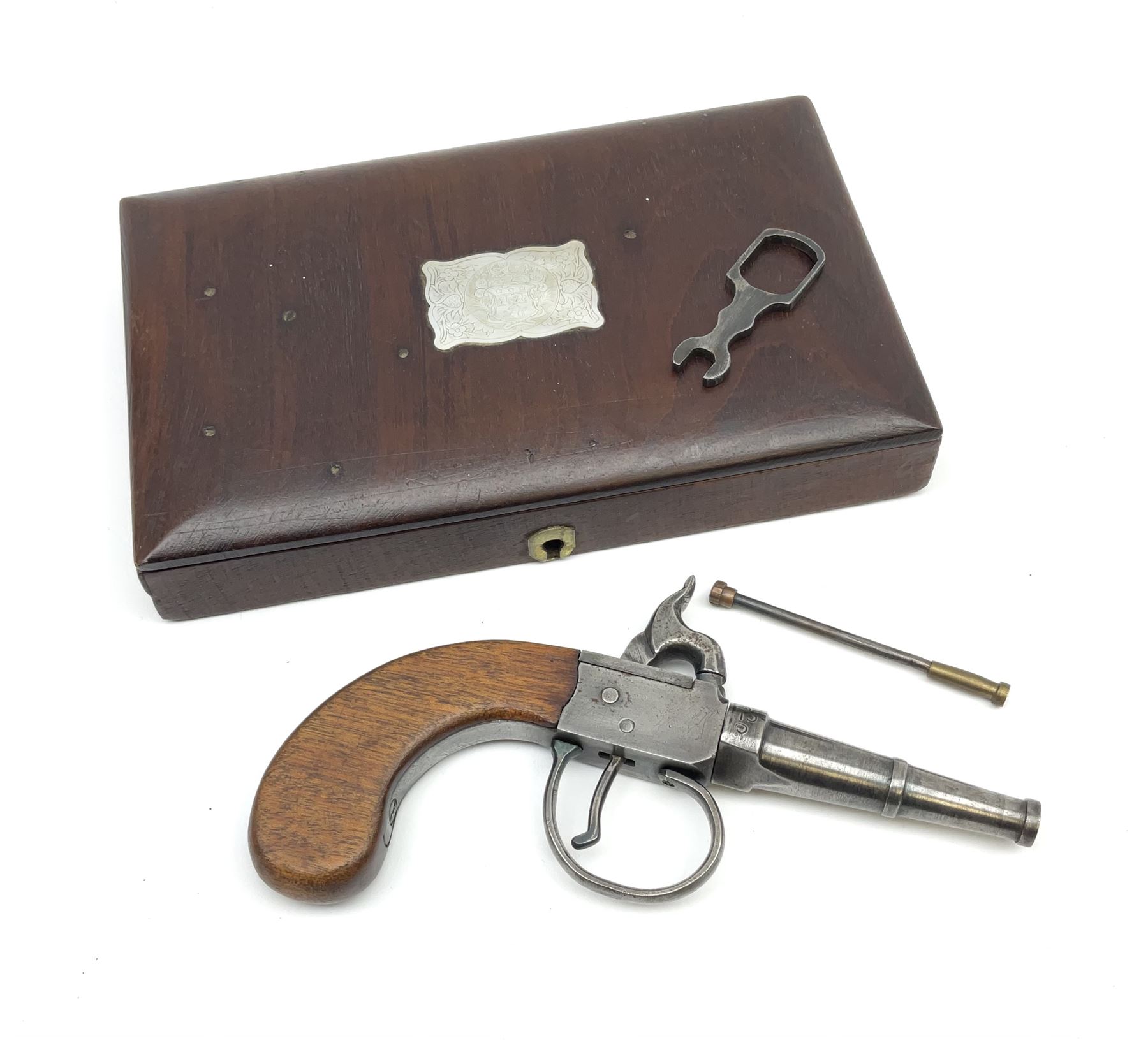 Scratch-built copy of a 19th century percussion cap pistol with 7cm tapering cannon style turn-off barrel, lock-plate inscribed 'F. Fox' and mahogany bag stock L17.5cm overall, in fitted mahogany box with inlaid crest chased mother-of-pearl cartouche and double-ended spanner