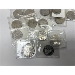 Mostly Queen Elizabeth II Great British commemorative fifty pence coins, including 2003 'Give Women The Vote', various 2011 relating to the 2012 Olympic Games, 2020 'Peace prosperity and friendship with all nations' etc, face value approximately 39 GBP