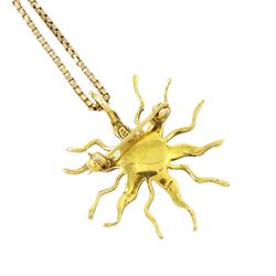 14ct gold amethyst and seed pearl star pendant / brooch, stamped, on a 9ct gold box link chain necklace, hallmarked