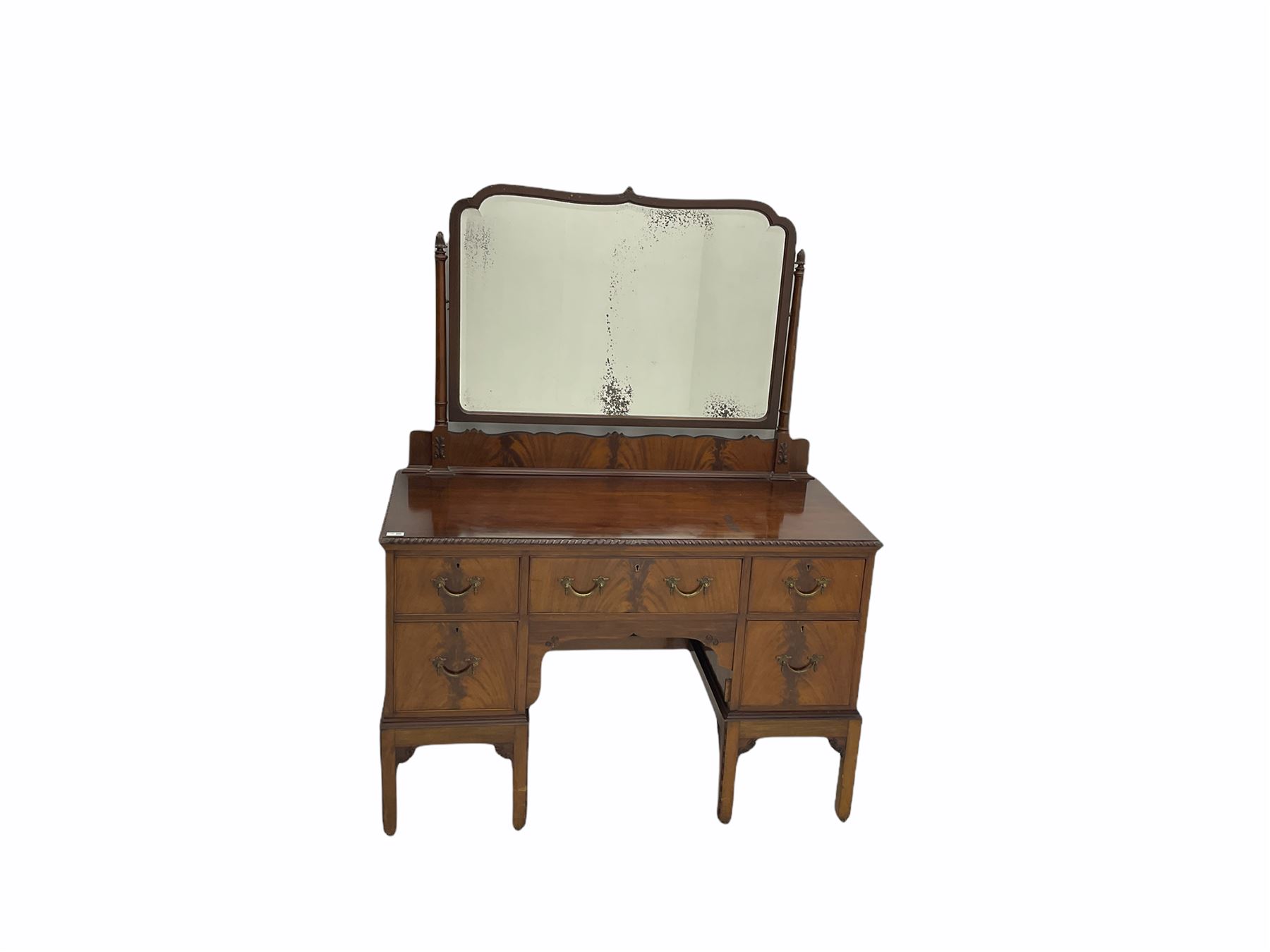 Early 20th century mahogany bedroom suite - dressing table (W122cm, H161cm, D56cm), chest (W107cm, H125cm, D51cm), and bedside cupboard (W44cm, H80cm, D44cm)