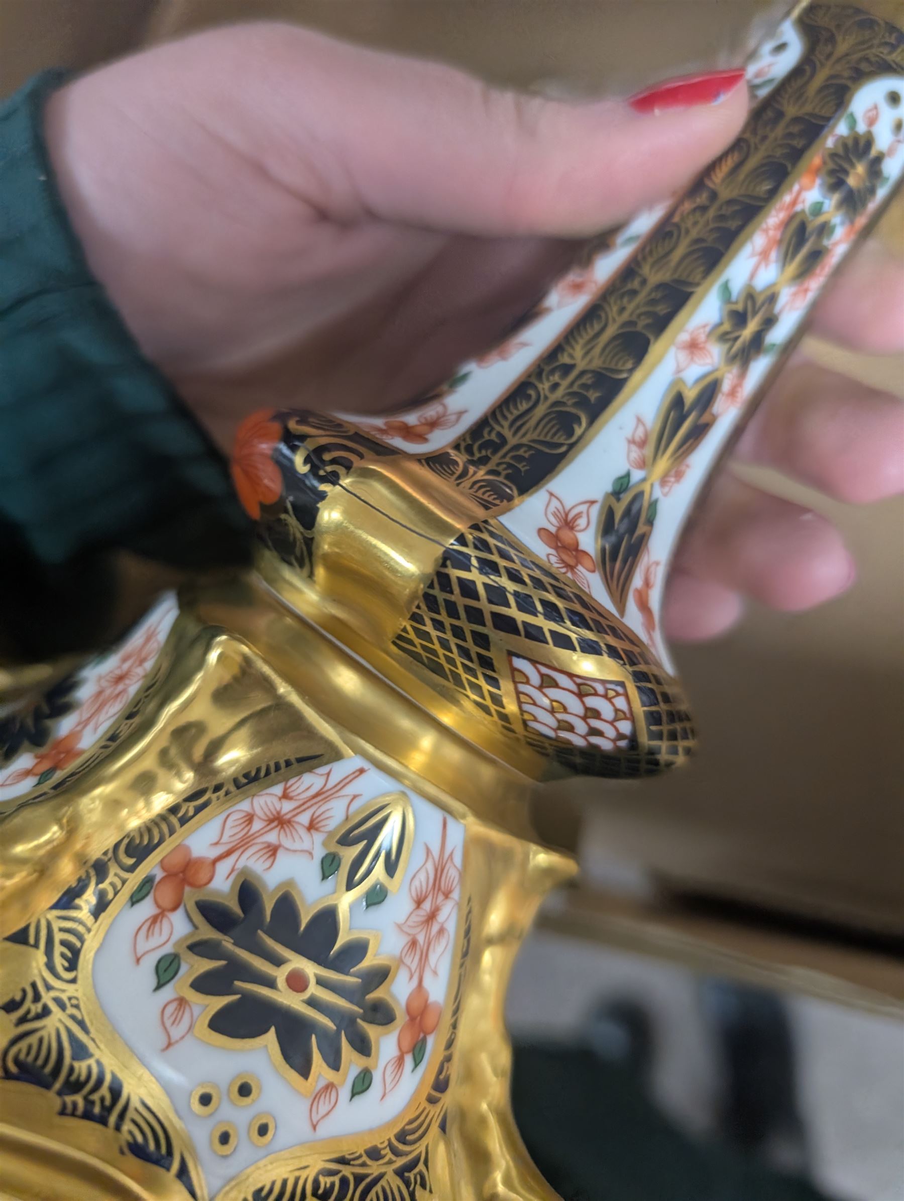 Pair of Royal Crown Derby Imari Pattern Candlesticks, numbered 1128, H27cm