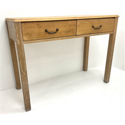 Light oak side table, two drawers, square supports 