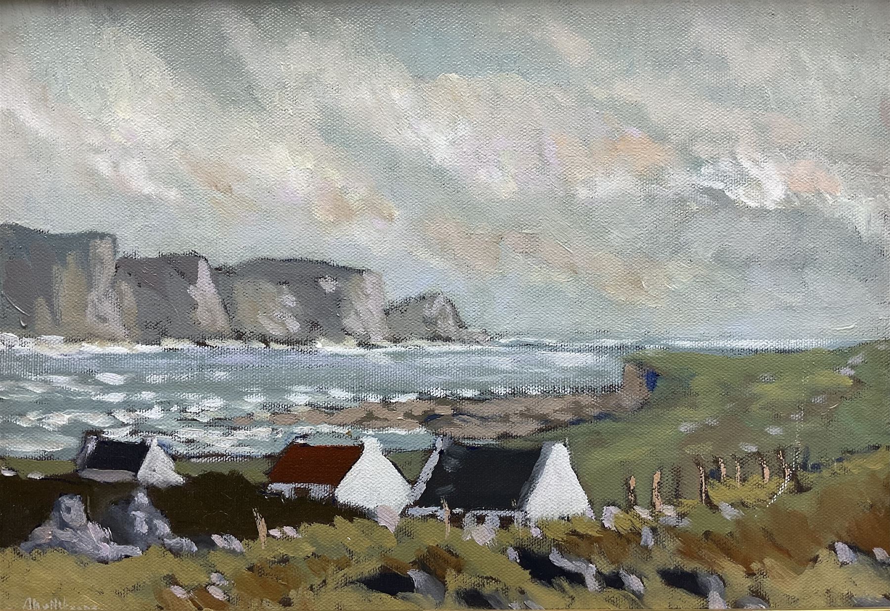Alex McKenna (Irish 1943-): 'Cottages before Dooagh Head Achill Island', oil on canvas signed, titled verso 23cm x 32cm