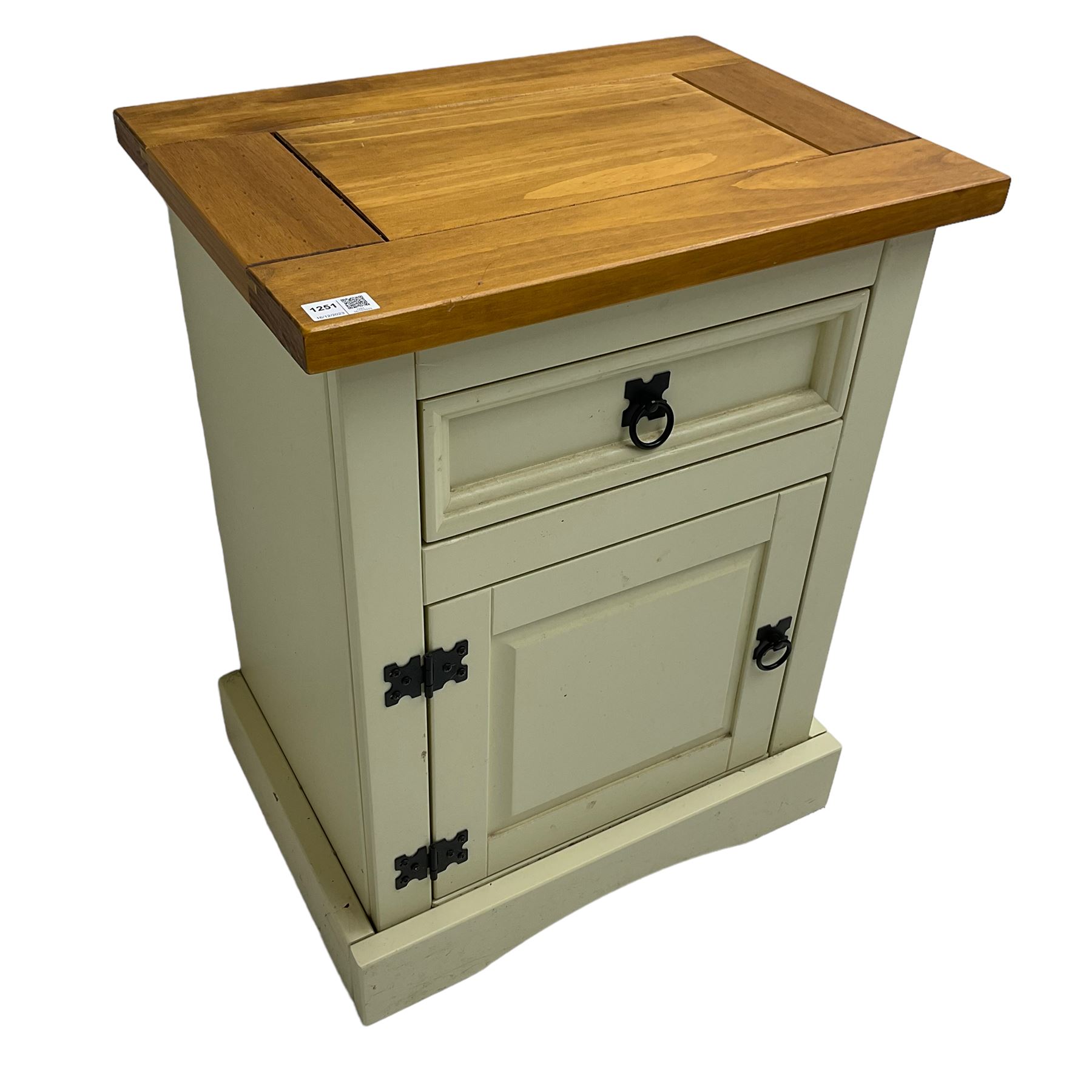 Painted pine bedside cupboard, rectangular top over single drawer and panelled cupboard, on skirted base