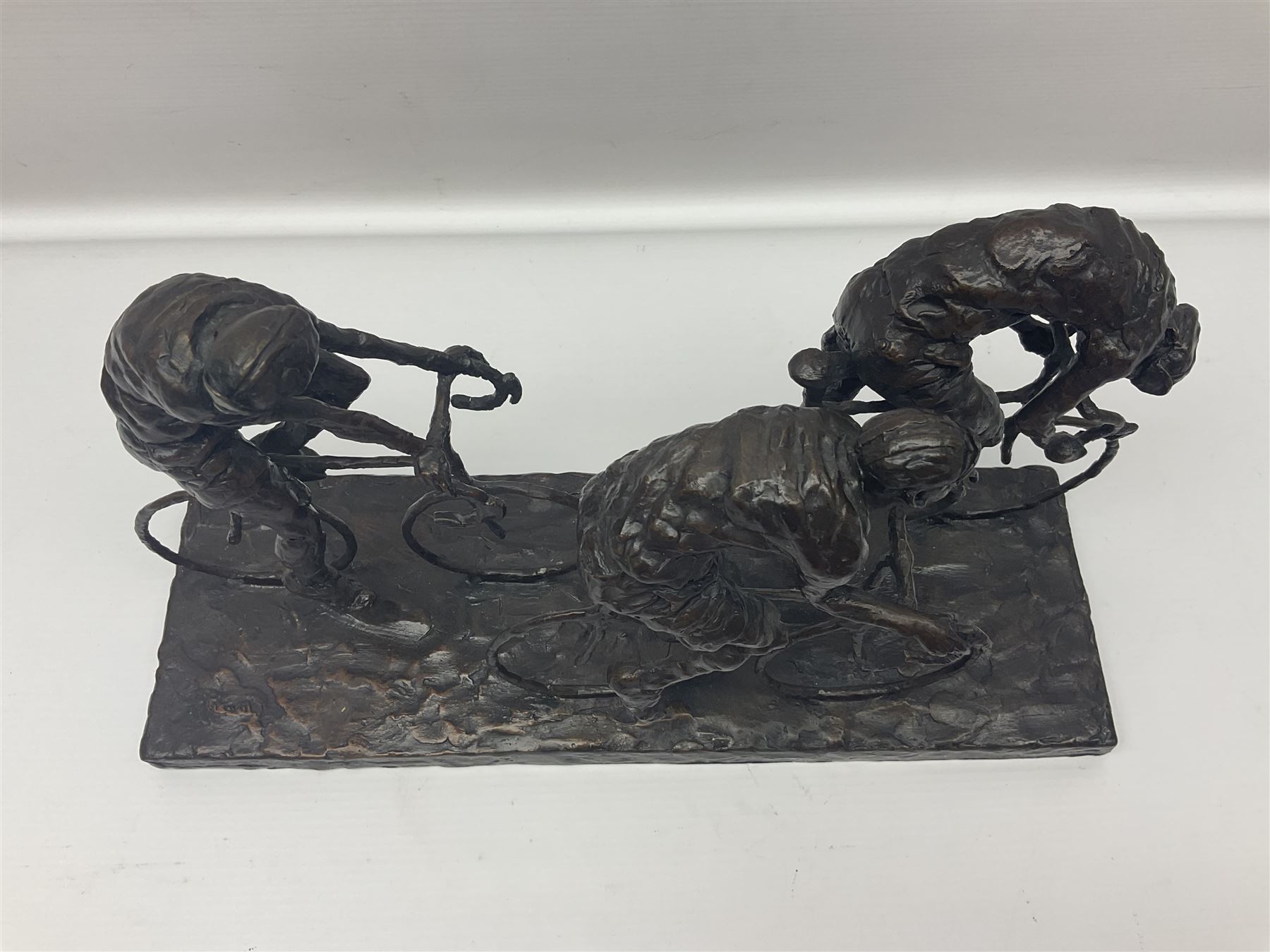 Grant Palmer; Wheels On Fire, limited edition bronze of cyclists, H21cm