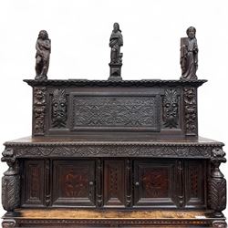 Late 17th century and later, Tridarn oak court cupboard, the top with carved and panelled ...