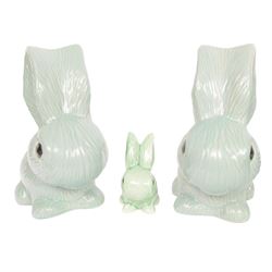 Nine Sylvac rabbits, including models 1028, 990, 1026 etc, in blue and green, largest H25cm  