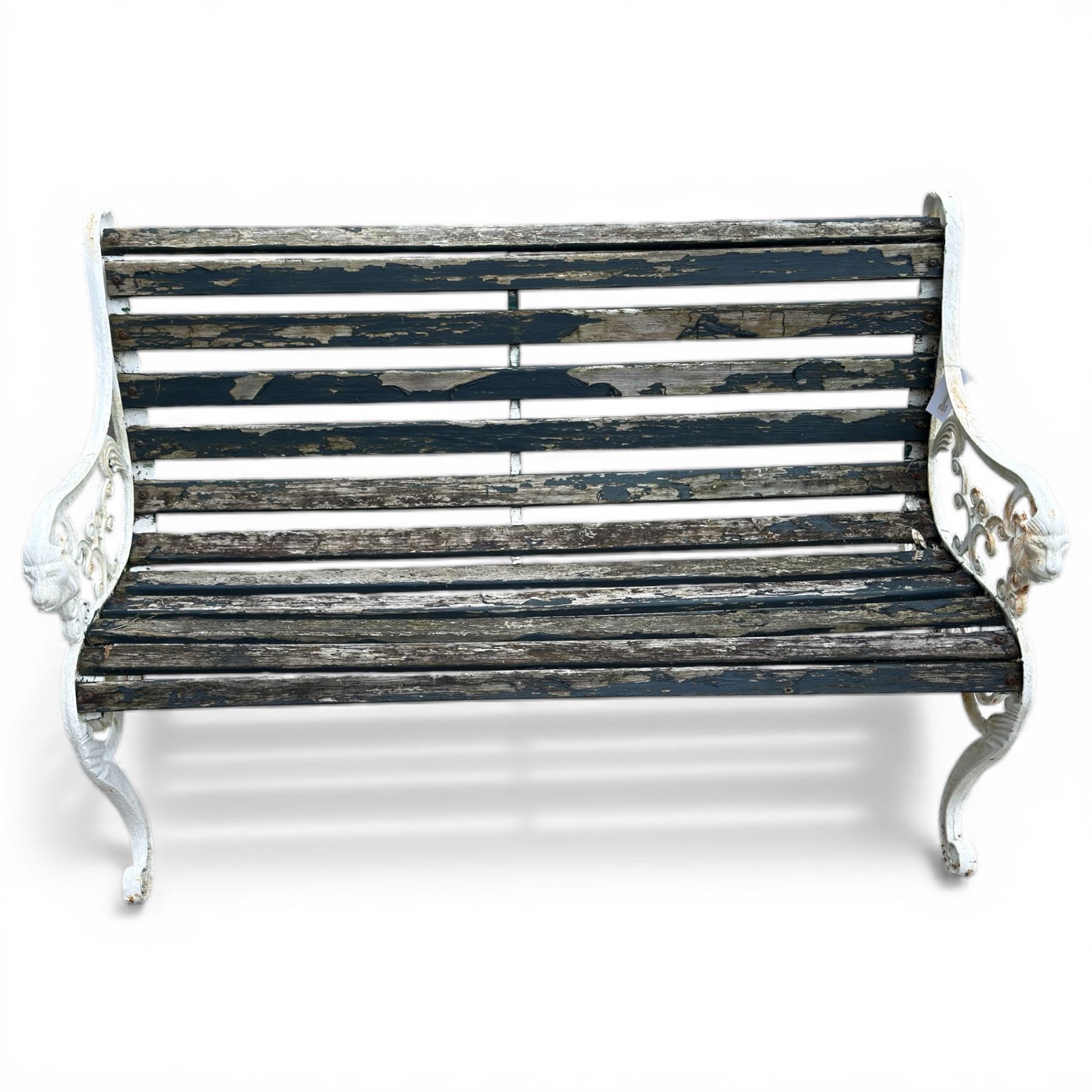 White painted cast iron slatted garden bench