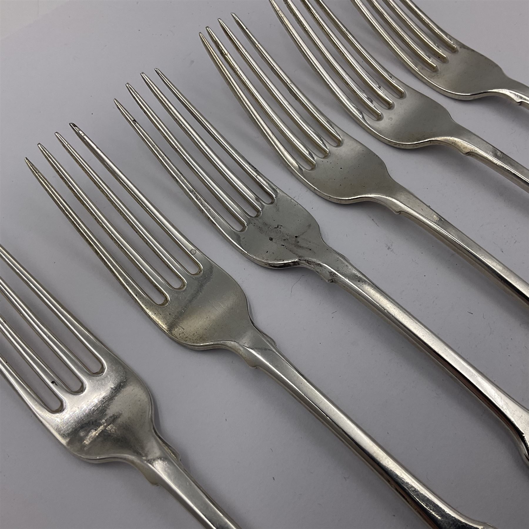 George IV Scottish silver Kings pattern cutlery for six place settings, to include table spoons, table forks, dessert spoons and dessert forks, all engraved with shamrock crest to terminal, hallmarked Robert Gray & Son, Glasgow 1833