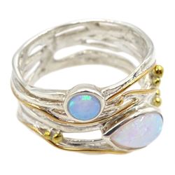 Silver 14ct gold wire round and pear shaped opal openwork ring, stamped 925 