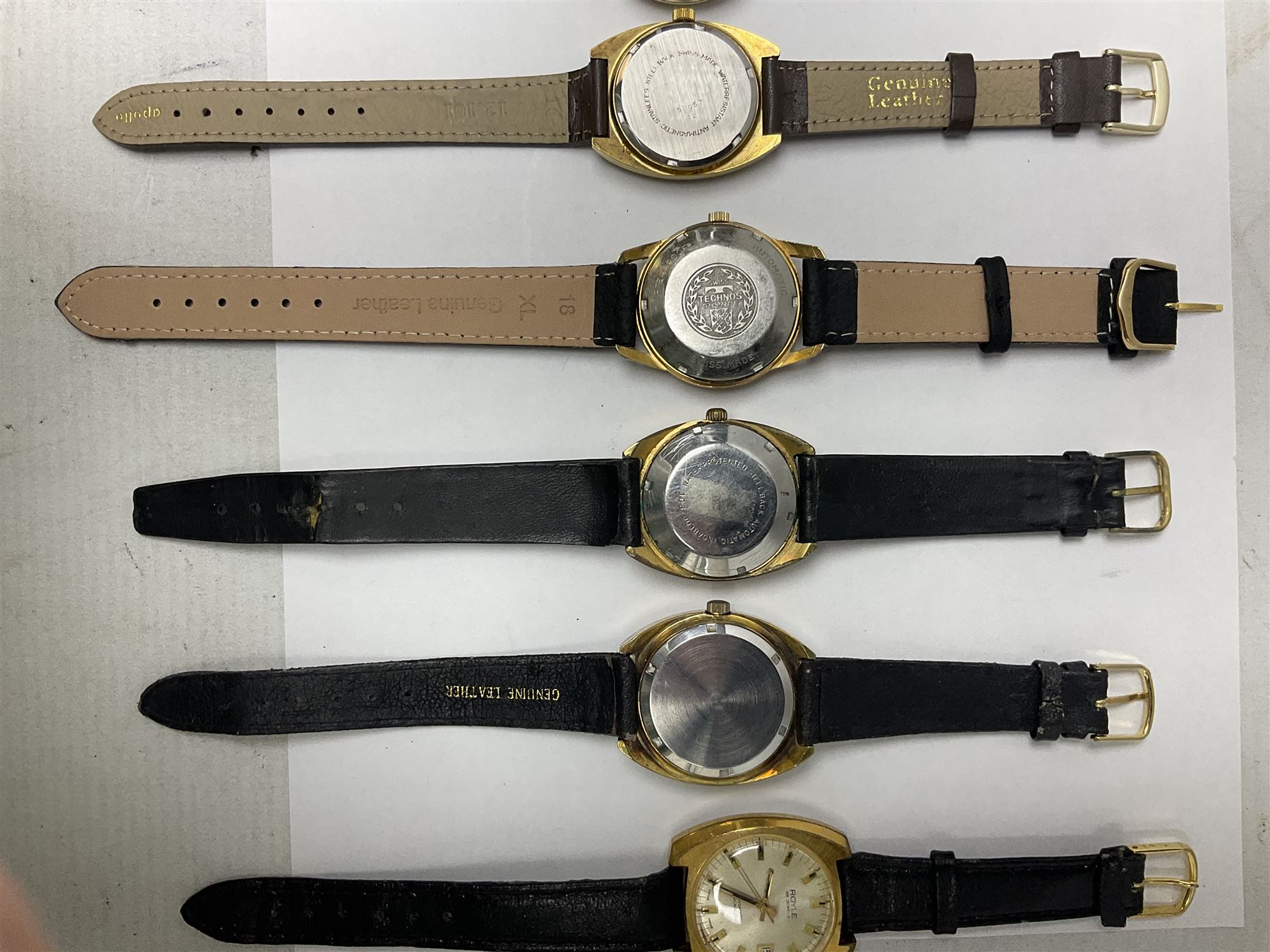 Five automatic wristwatches including Technos Everite Goldshield, Sekonda, Royle and Swiss Emperor and three manual wind wristwatches including Rotary, Avia and Excalibur (8)