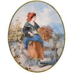 Manner of Henry Edrington Hobson (British 1820-1881): Woman Gathering Kindling, gouache unsigned; together with Dutch School (19th/20th century): Fishermen Conversing, mixed media signed B T max 19.5cm x 15.5cm (2)