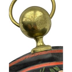 Honore Pons of Paris -  A good and early 19th century Tole Ware wall clock c1830, with a later re-decorated case suspended from a circular brass hanger, cast brass dial bezel and silvered engine turned dial with roman numerals, minute track and steel moon hands, 8-day twin train countwheel striking movement with a silk suspension, striking the hours and half hours on a bell. With pendulum and key.
