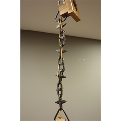  Yorkshire Oak - three branch craftsman made chandelier with forged wrought metal chain, W41cm, H77cm inc. chain  