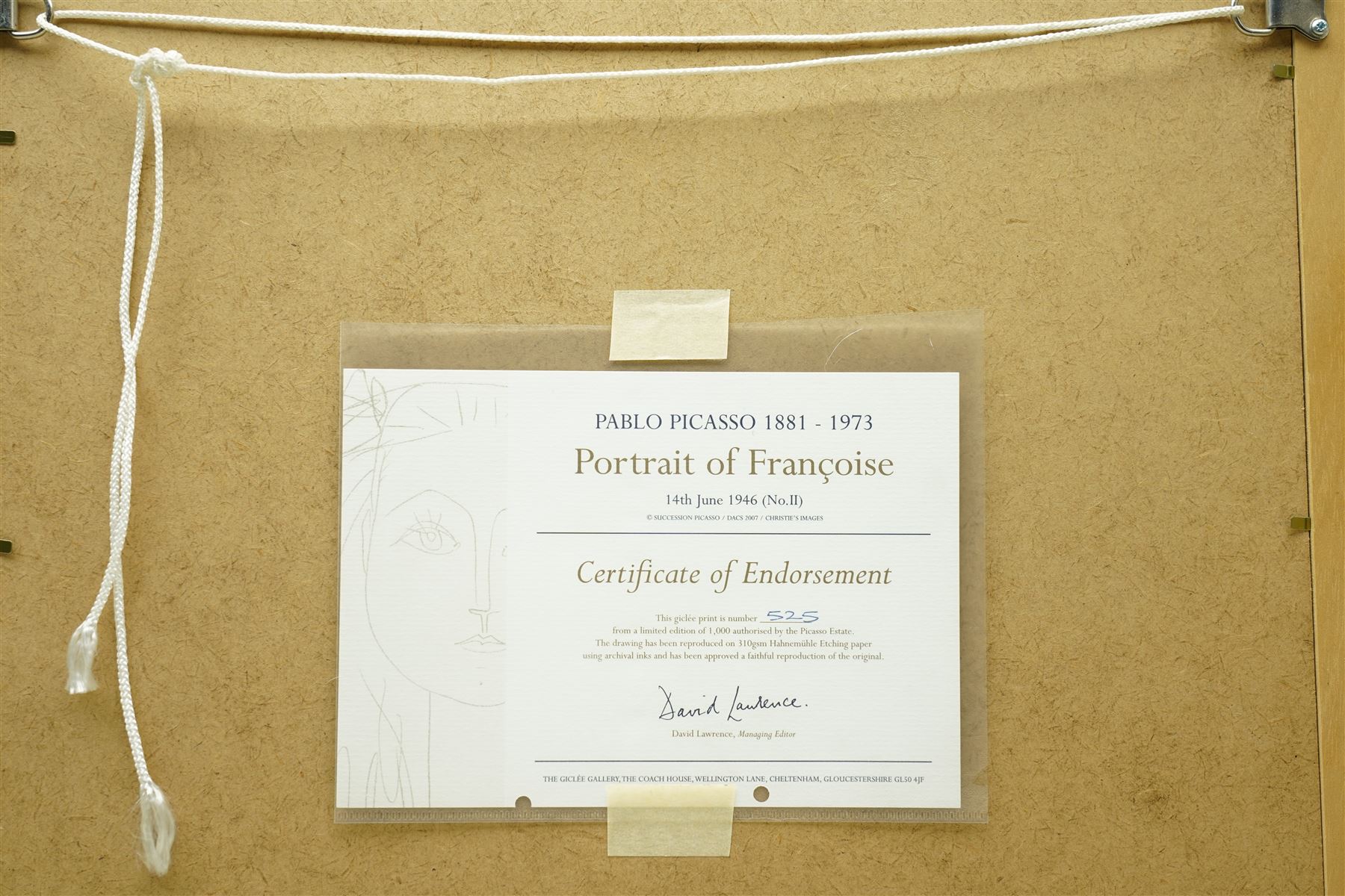 After Pablo Picasso (Spanish 1881-1973) 'Portrait of Francoise (II)', limited edition giclee print 525/1000, 39cm x 30cm 