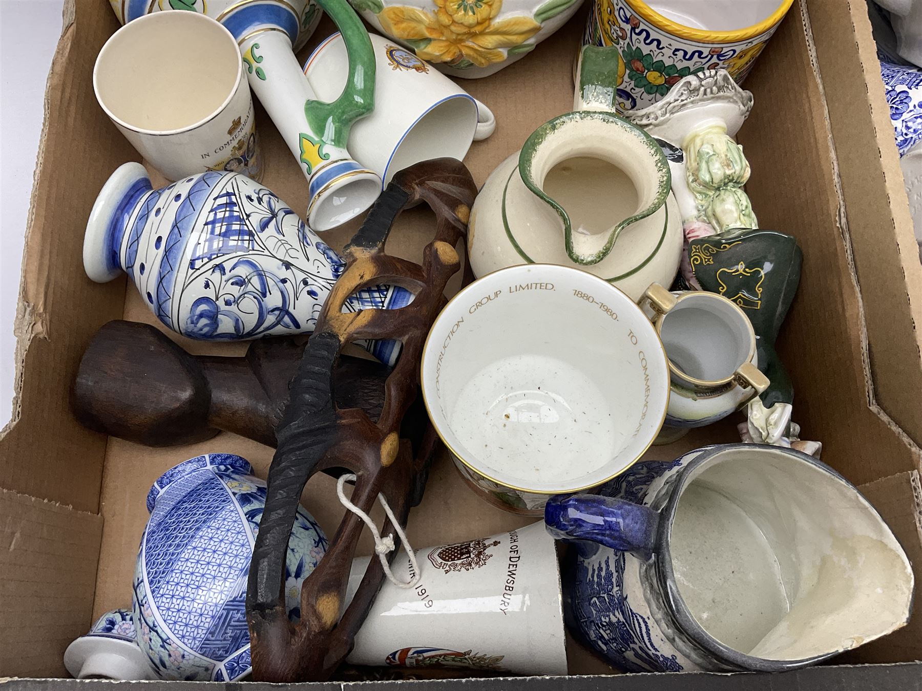 Wedgwood jasperware trinket box, commemorative ware, blue and white ceramics and a collection of other ceramics and collectables in five boxes