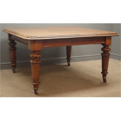  19th century mahogany telescopic extending dining table, moulded rectangular top with rounded corners, two additional leaves, lobed and turned supports with twist carving, ceramic castors, 138cm x 135cm - 262cm, H74cm  