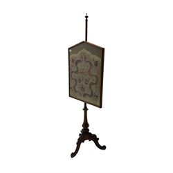 Victorian rosewood pole screen, glazed panel with foliate embroidery, raised on vasiform column with carved acanthus leaf decoration, tripod base with cabriole supports, moulded cartouche knees and scrolled feet