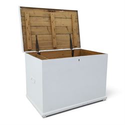 Victorian white painted pine blanket chest, with iron strap hinges, with fitted candle box, metal carrying handles
