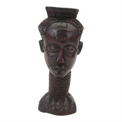 Kuba cup, African carved wood wine cup in the form of a female head, H31cm
