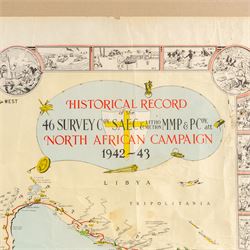 English School (Mid-20th century): 'Historical Record of the 46 Survey Company of the South African Engineer Corps - North African Campaign 1942-43', coloured pictorial map signed by Field Marshall Bernard Montgomery and Major General Frank Theron of the British Eighth Army in pen 47cm x 58cm
Notes: This commemorative map has no single cartographer; it was created collectively by the company to celebrate their military achievements during the campaign. The map reads 'drawn and printed by us in the desert just for fun' at the lower right corner.