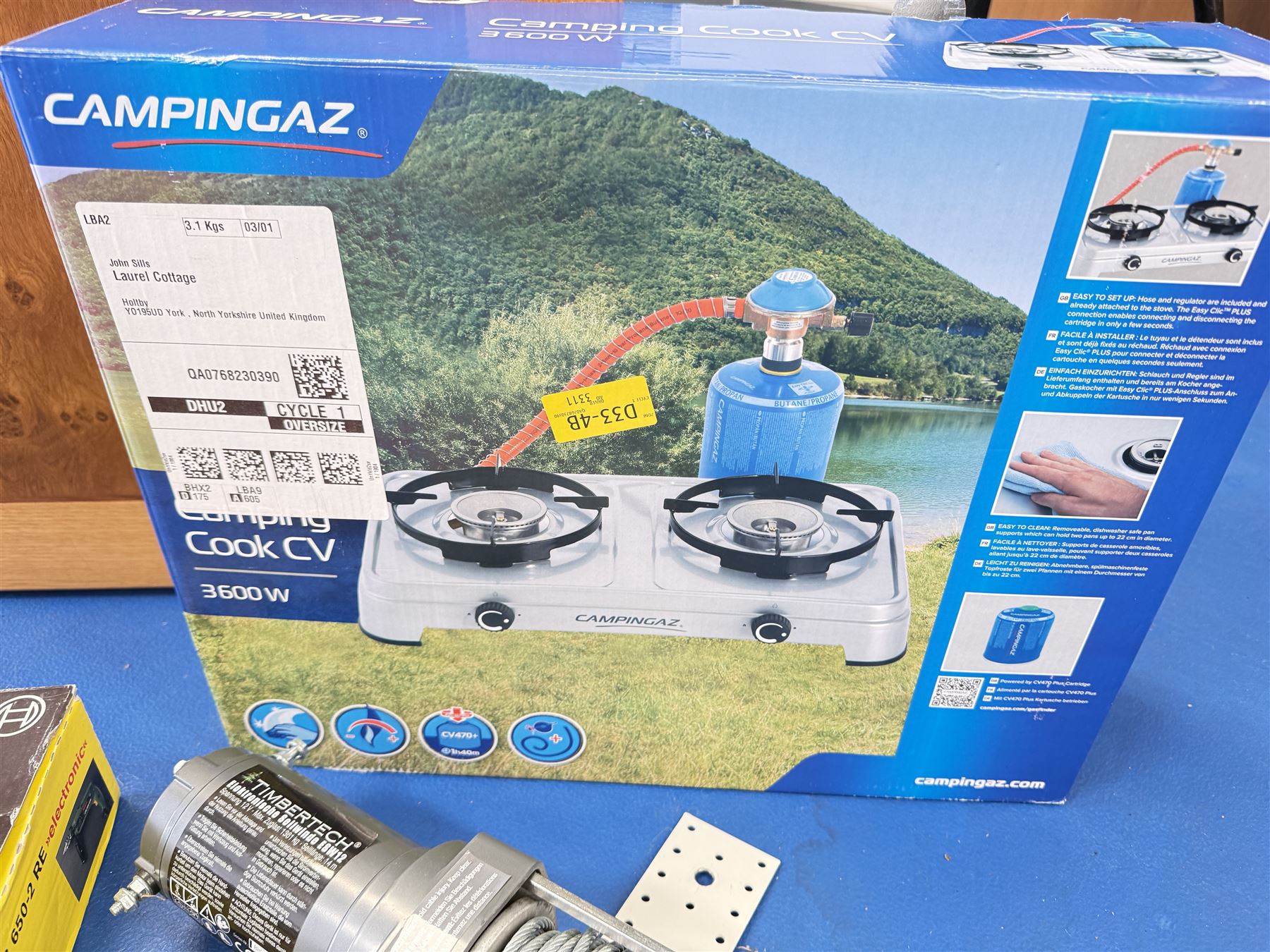 TimberTeck ESW12 electric winch, Bosch drill, Camping Cook stove, and two Ultra-Lite Camping chairs