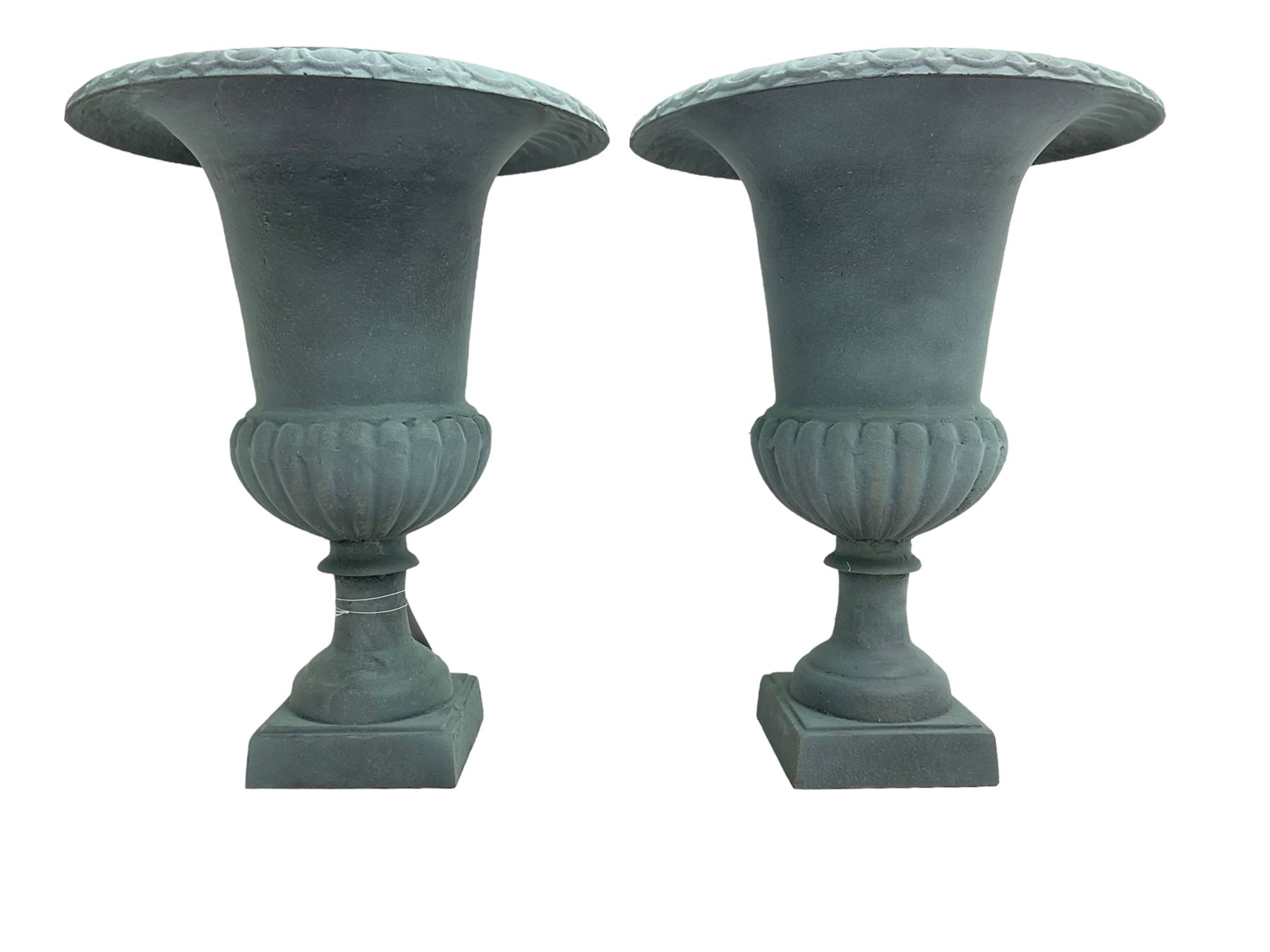 Pair of Victorian design teal painted cast iron campana shaped garden urns, egg and dart rim over a gadrooned underbelly, tapering column on square plinth base - THIS LOT IS TO BE COLLECTED BY APPOINTMENT FROM DUGGLEBY STORAGE, GREAT HILL, EASTFIELD, SCARBOROUGH, YO11 3TX
