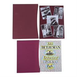 Collection of John Betjeman books and memorabilia, to include first edition 'Summoned by the Bells' hardback, framed autograph of Betjeman, vinyl of 'Myfanwy' poem and three other books