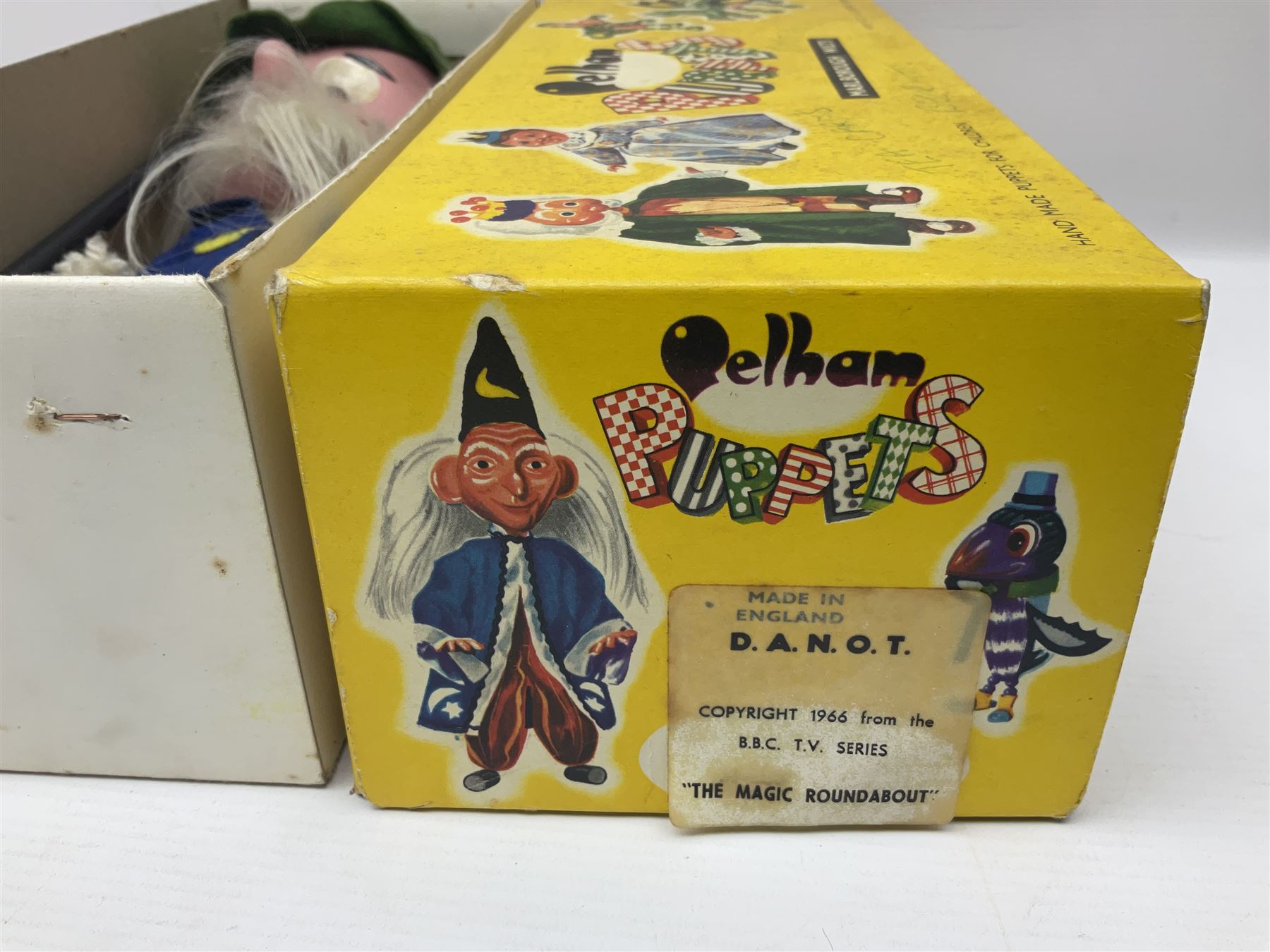 Two Pelham Puppets - The Magic Roundabout Mr. Rusty pole puppet with wool hands and blue  coat dated 1963; boxed; and Type SL Disney Donald Duck; unboxed (2)