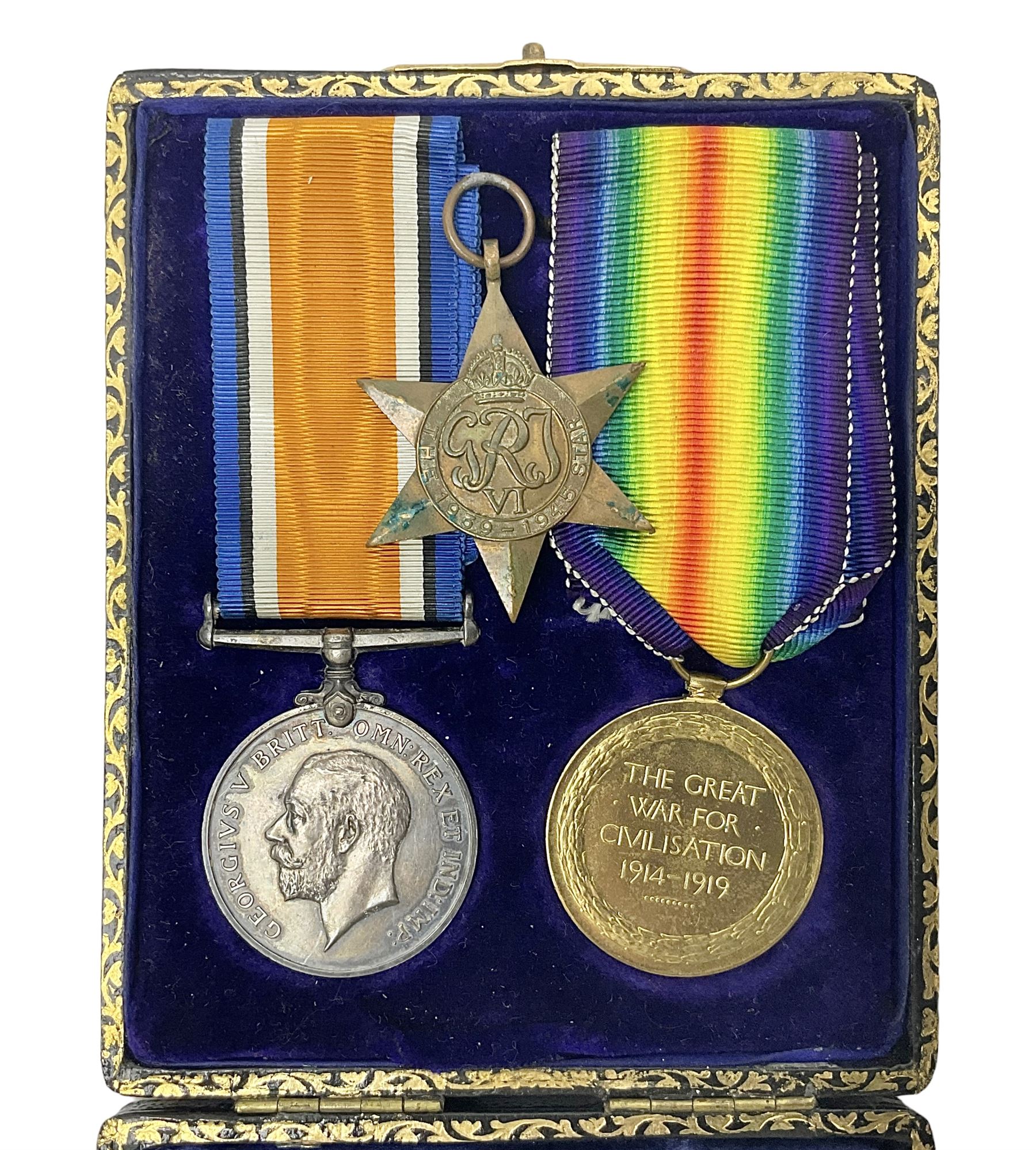 WWI pair of medals comprising British War Medal and Victory Medal awarded to 12-1379 Pte. H. Marshall York and Lanc. R.; both with ribbons in display case; and WWII 1939-1945 Star