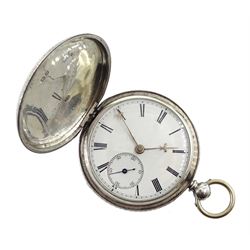 Victorian silver full hunter English lever fusee pocket watch, No. 31818, engraved balance cock with diamond endstone, white enamel dial with Roman numerals and subsidiary seconds dial, Fleur de Lys hands, engraved case by Henry Buckland, London 1868