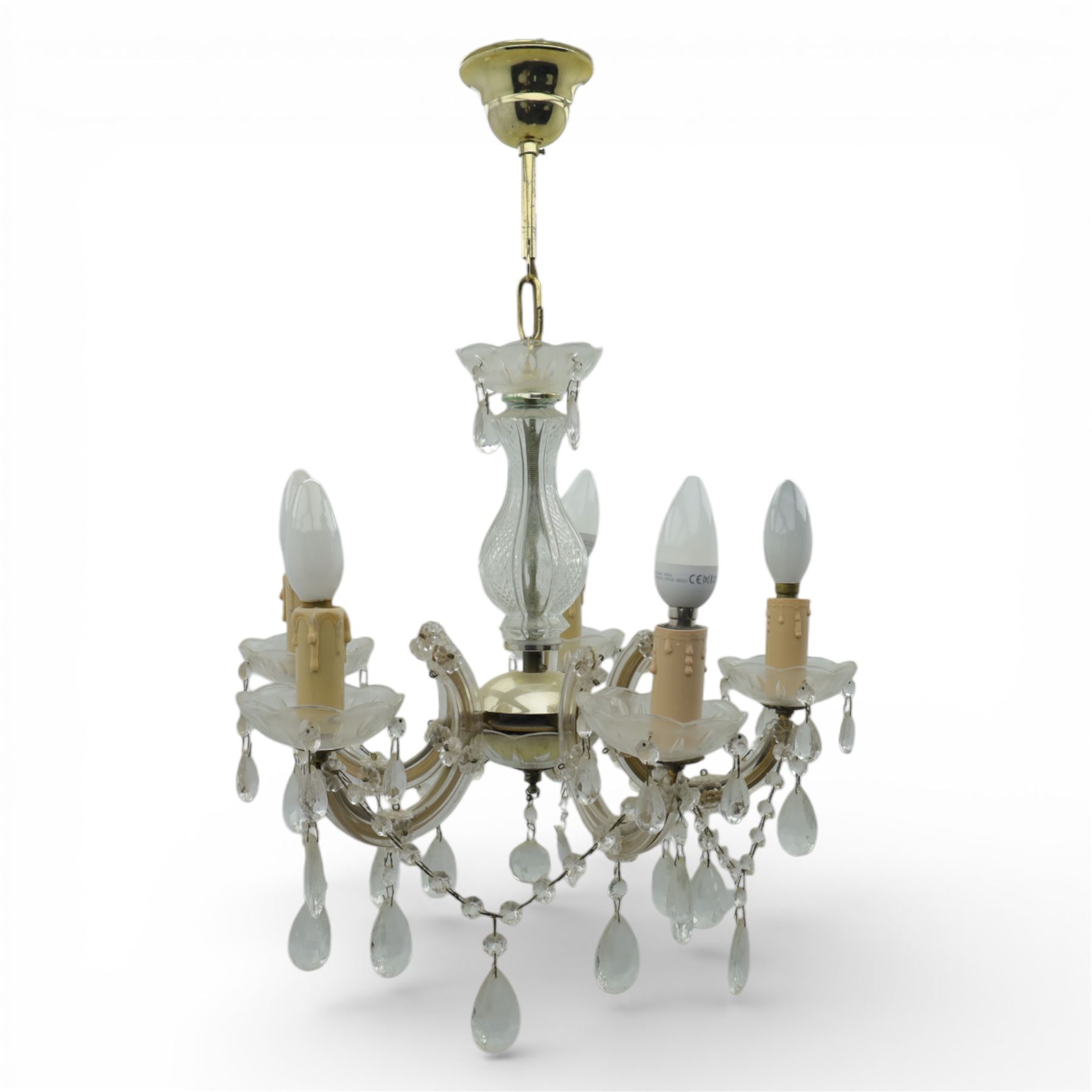 Mid-20th century glass and brass five branch chandelier, with glass drops and drip trays 