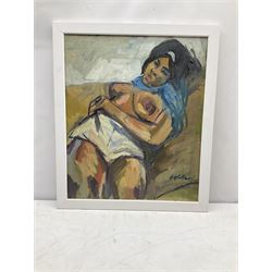 Peter Collins ARCA (British 1923-2001): Reclining Nude with Blue Headscarf, oil on canvas signed 60cm x 50cm
Provenance: Studio sale: The late Georgina and Peter Collins Collection, ‘The Contents of Stanley Studios, Chelsea’; Sulis Fine Art.
