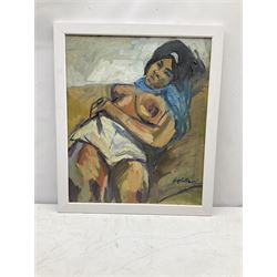 Peter Collins ARCA (British 1923-2001): Reclining Nude with Blue Headscarf, oil on canvas signed 60cm x 50cm
Provenance: Studio sale: The late Georgina and Peter Collins Collection, ‘The Contents of Stanley Studios, Chelsea’; Sulis Fine Art.
