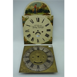  18th century 12'' square longcase clock dial, silvered Roman chapter ring, signed 'Adam Coste (N), Kirkham', and an early 19th century enamel dial painted with oriental scenes (H47cm)  