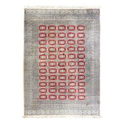 Jaldar Bokhara crimson and pale ground carpet, the field decorated with five rows of Gul motifs, within intricate multi-band border decorated with repeating geometric designs 