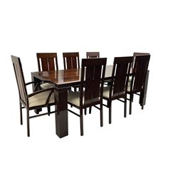 Large American walnut rectangular dining table on square block supports, together with set eight high back dining chairs with cream upholstered seats, the top and chair backs with matching inlaid geometric banding