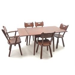 Mid century Canadian Imperial Loyalist extending dining table, square tapering outsplayed supports (W158cm, H74cm, D81cm) and set five (4+1) dining chairs (W61cm)