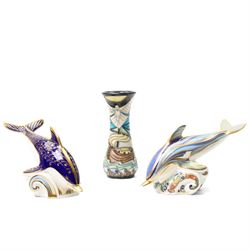 Moorcroft 'Wind of Change' pattern vase H13cm, boxed, Royal Crown Derby 'Striped Dolphin' ...